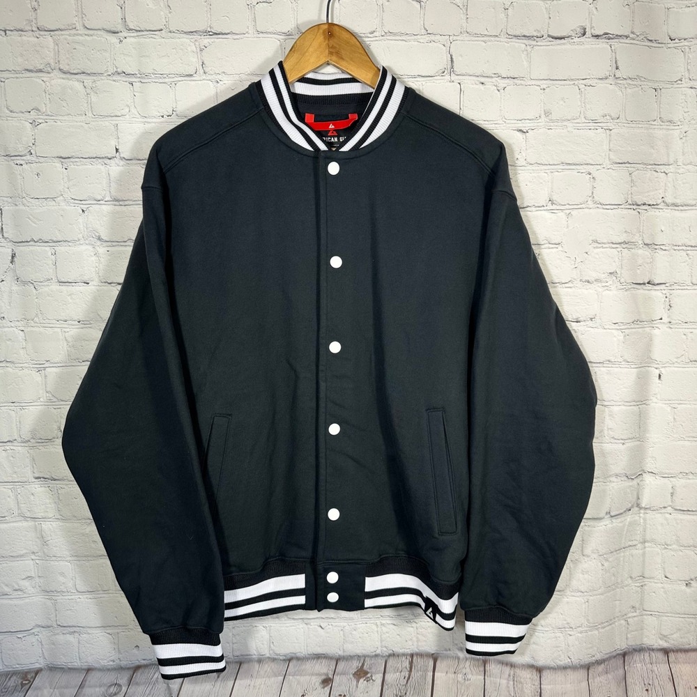 American Giant Mens Varsity Bomber Jacket Black White Snap‎ Front Made in USA S
